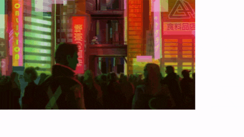 a painting of a crowd of people walking in front of a building that says a on it