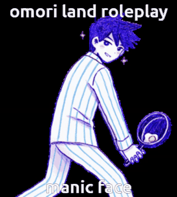 a man in a striped suit is holding a frying pan with the words " omori land roleplay manic face " above him