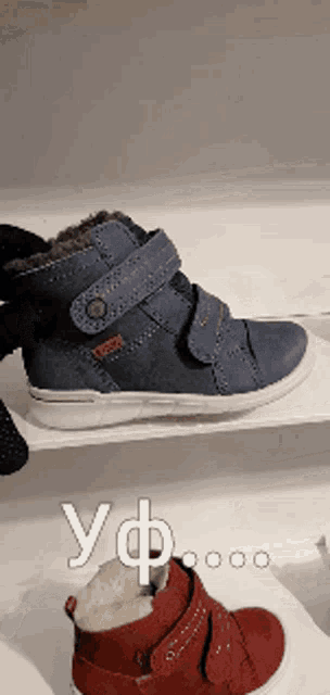 a pair of shoes on a shelf with the letters yf in white letters