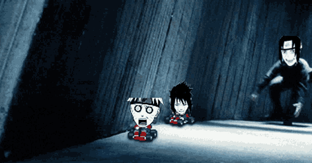 a group of cartoon characters are sitting on a concrete floor