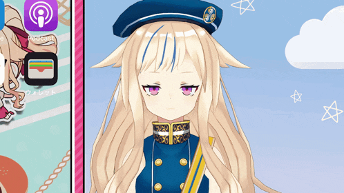 a girl with long blonde hair is wearing a blue hat and a blue uniform
