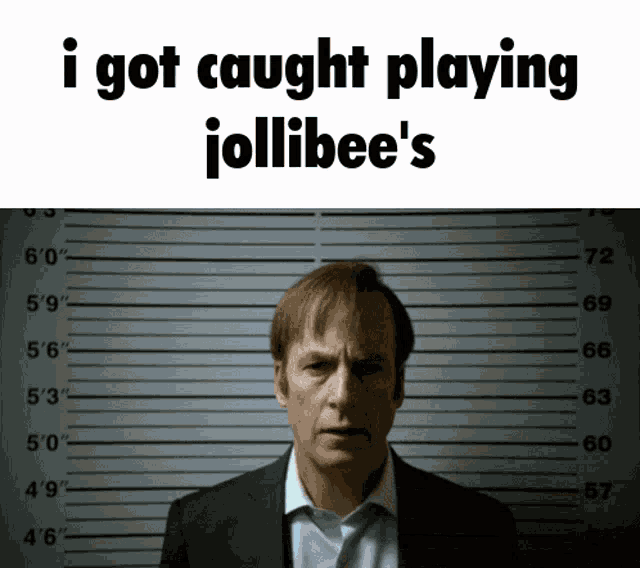 a picture of a man in a suit and tie with the caption i got caught playing jollibee