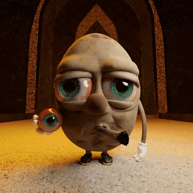 a cartoon character smoking a cigarette while holding an eyeball