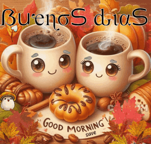 two cups of coffee and a donut with the words buenos dias good morning save