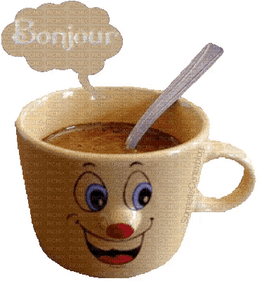 a cup of coffee with a smiley face and a speech bubble that says " bonjour "