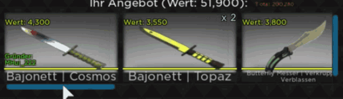 a screenshot of a video game shows three knives including one called bajonett