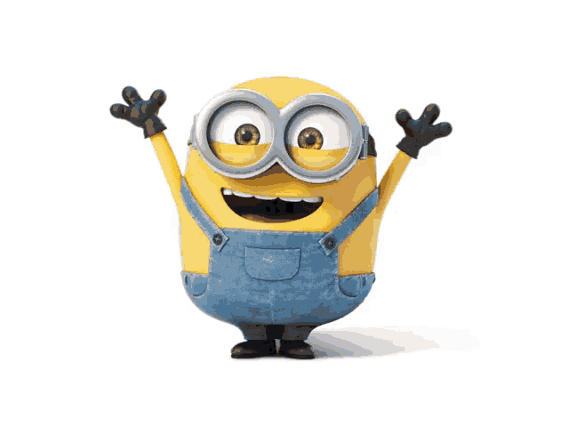 a yellow minion wearing overalls and goggles jumps in the air