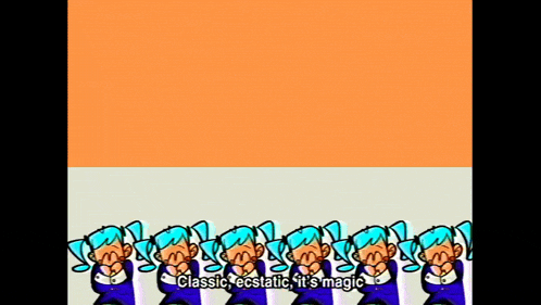 a bunch of cartoon characters are standing in a row and they say classic ecstatic it 's magic .