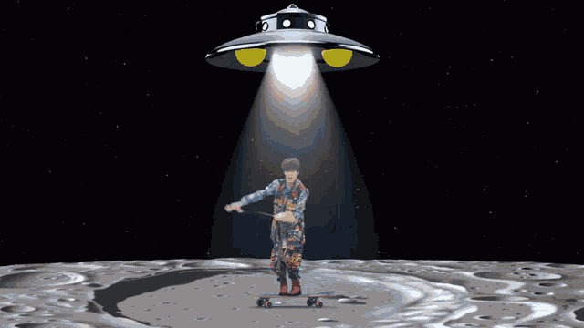 a man riding a skateboard on the moon is being abducted by an ufo