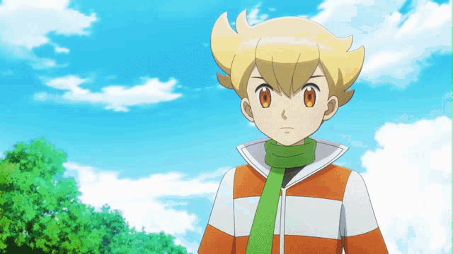 a boy with yellow hair and a green scarf stands in front of trees