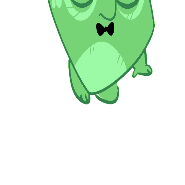 a green cartoon character with a black bow tie on his neck