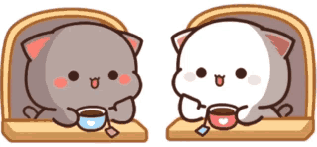 two cute cartoon cats are sitting next to each other holding cups of coffee .