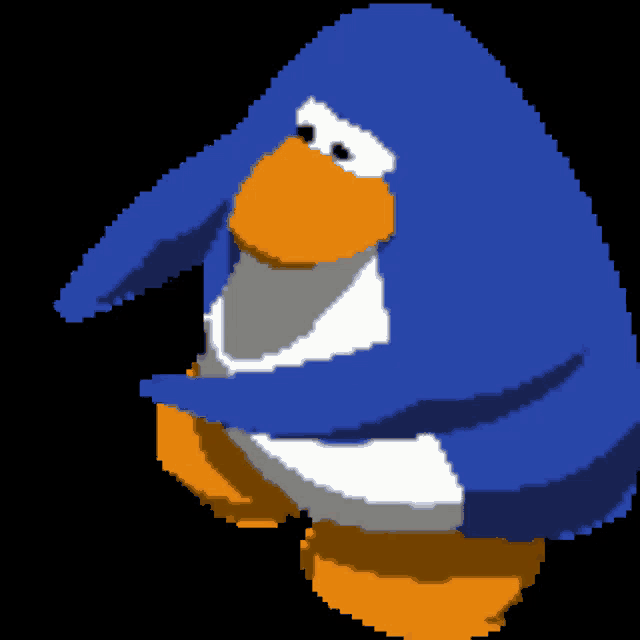 a pixel art drawing of a blue penguin with an orange beak