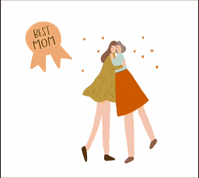 a cartoon illustration of a woman hugging another woman with a best mom badge