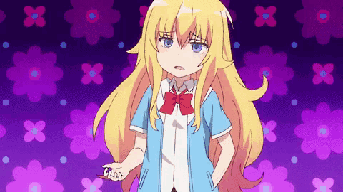 a girl with long blonde hair and blue eyes is standing in front of a purple background with flowers .