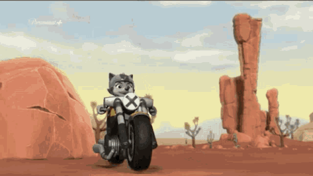 a cartoon character is riding a motorcycle in a desert