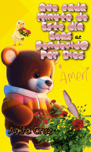 a picture of a teddy bear holding roses and a butterfly with the name anita cruz on it