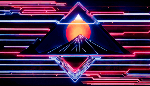 a triangle with a mountain in the middle and a sun behind it