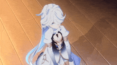 a girl with long white hair and blue eyes is standing on a wooden floor in a video game .