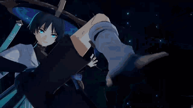 a girl with blue eyes is holding a sword and a sword in her hand in a video game .