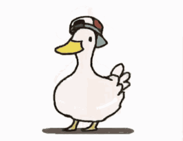 a duck wearing a hat and a mask is walking .