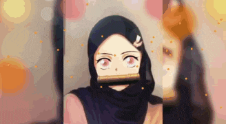 a girl in a hijab is taking a selfie with a sword in her mouth .