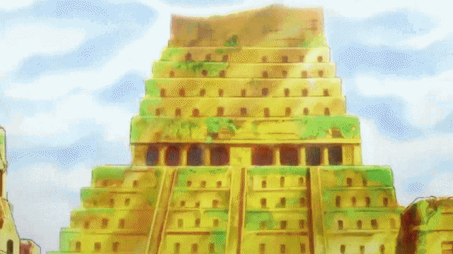 a painting of a very tall building with stairs leading up to it