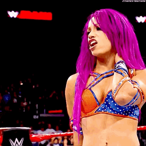a female wrestler with purple hair is standing in a wrestling ring .