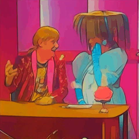 a cartoon of a man and a woman sitting at a table talking