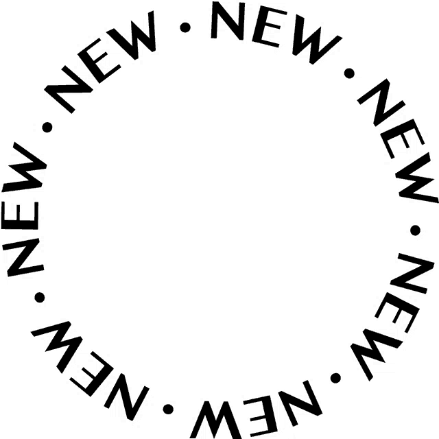 a black and white circle with the words new written around it