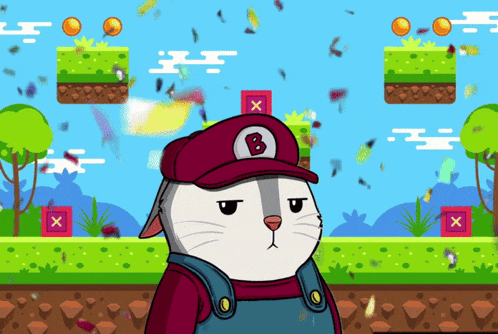 a cartoon of a cat wearing a red hat with the letter b on it