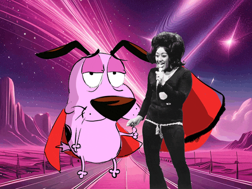 courage the cowardly dog standing next to a woman in a red cape