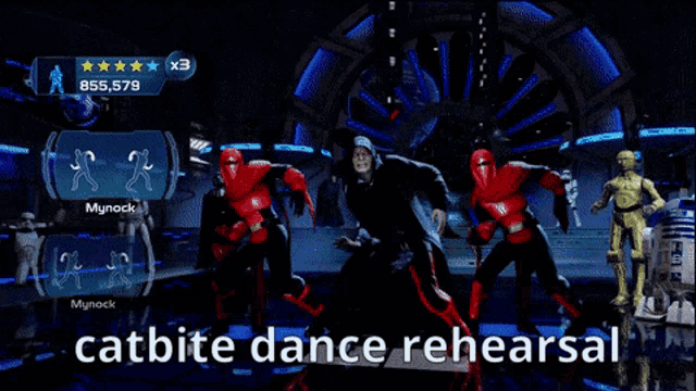 a screenshot of a video game with the words catbite dance rehearsal
