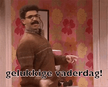 a man with glasses and a mustache is dancing in front of a wall with flowers and the words gelukkige vaderdag