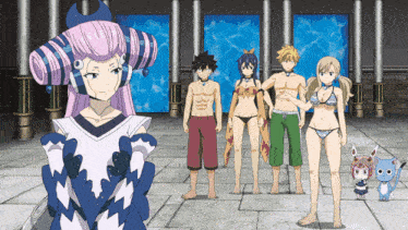 a group of anime characters are standing in a room with columns