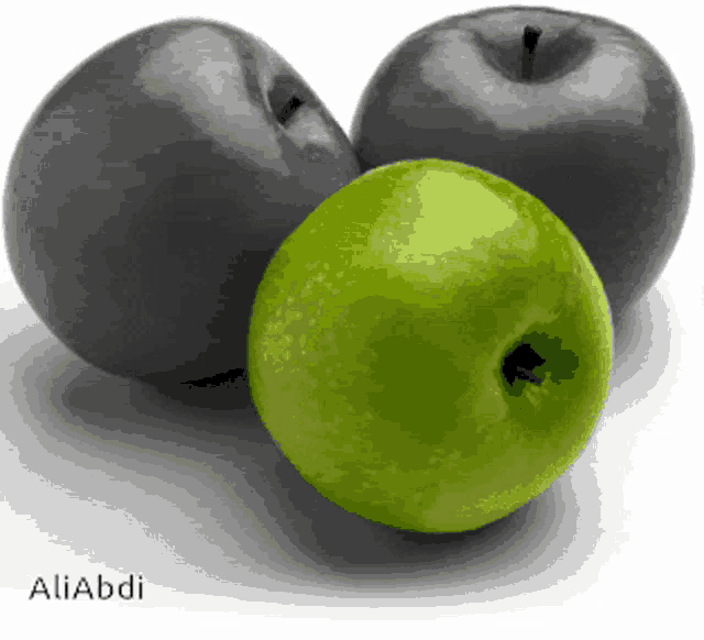 a green apple sits between two gray apples with the name aliabdi on the bottom