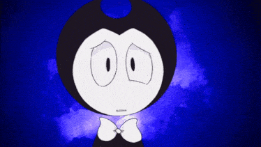a black and white cartoon character with a bow tie is standing in front of a blue background .