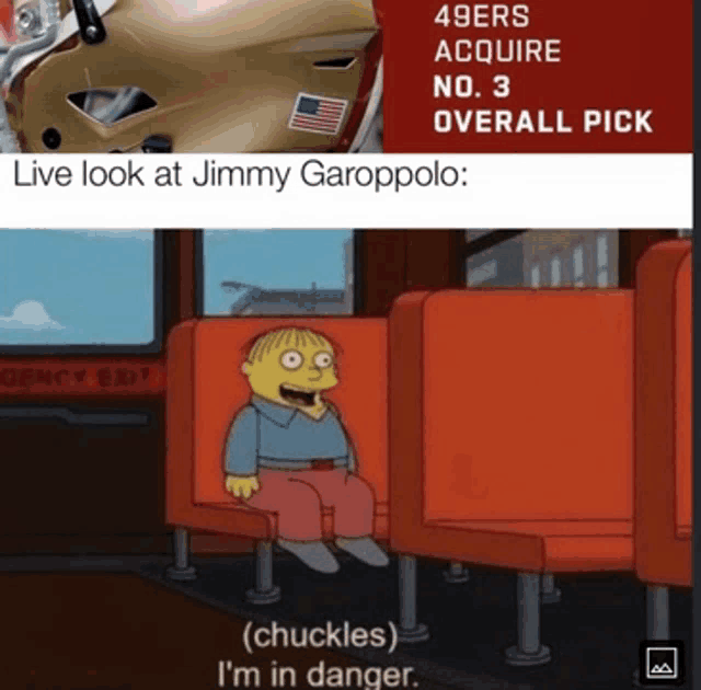a cartoon character sitting on a bus with the caption " live look at jimmy garopolo "