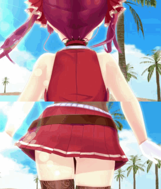a girl in a red dress is standing on a beach with palm trees in the background