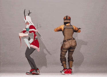 a girl in a santa outfit is standing next to a girl in a soldier outfit