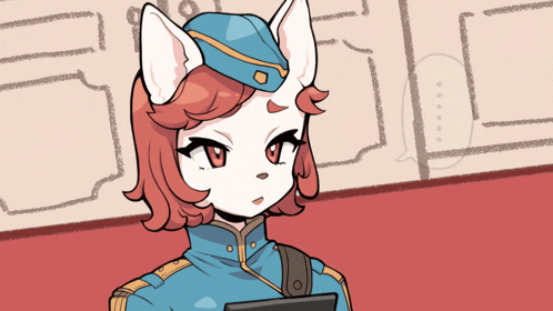 a cartoon drawing of a cat wearing a blue uniform