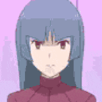 a pixel art drawing of a girl with long blue hair and a red sweater .