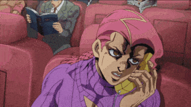 a cartoon character with pink hair is talking on a yellow phone