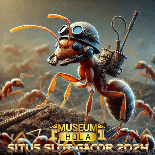 an ant wearing a helmet and goggles is surrounded by other ants