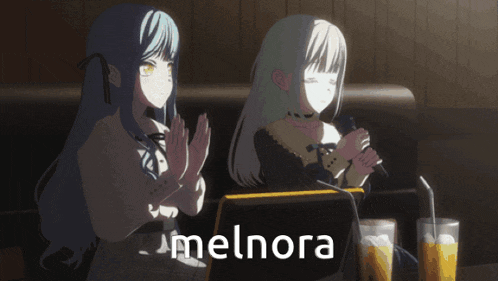 two anime girls are sitting at a table with melnora written on the bottom right