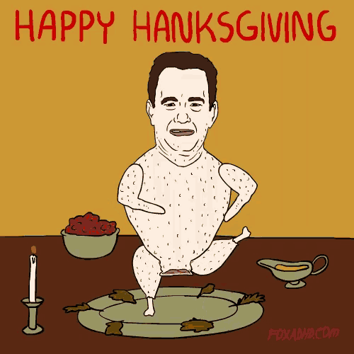 a cartoon of tom hanks with the words happy hanksgiving written above him