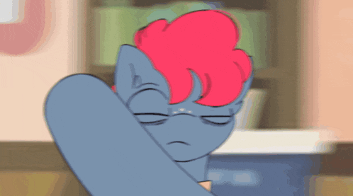 a cartoon pony with red hair is covering its face with its hand