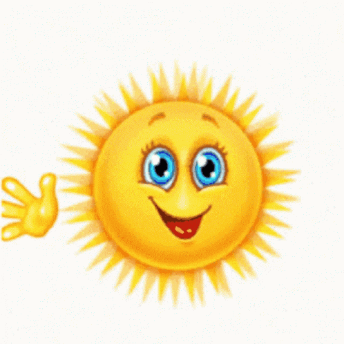 a smiling cartoon sun with blue eyes is waving