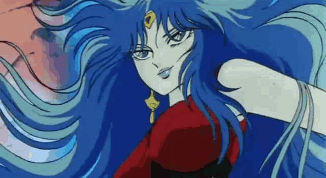 a woman with long blue hair is wearing a red dress and has a crown on her head .