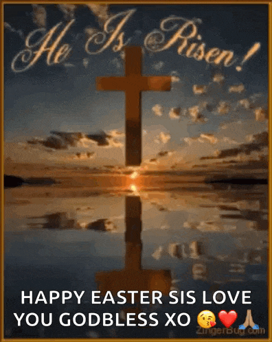 a happy easter greeting card with a cross in the water and the words `` he is risen ! ''